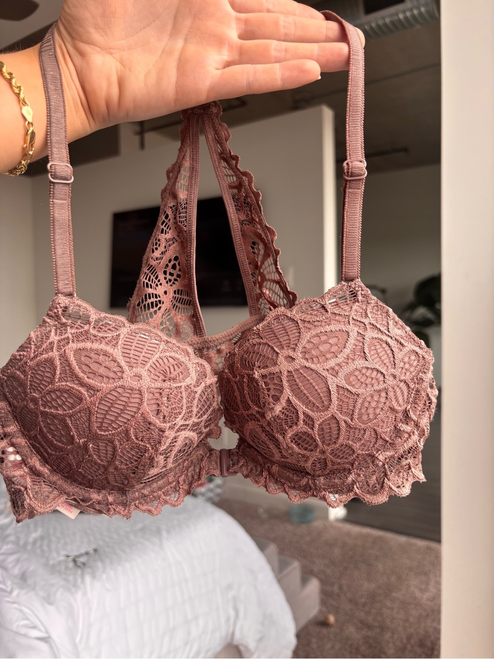 Pink brown Lace Racerback Bra 32A l